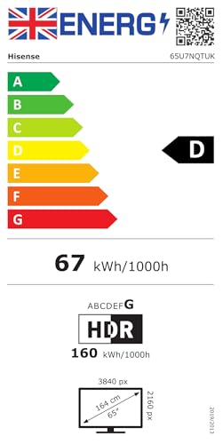 Hisense 65 Inch 144Hz Mini-LED Smart TV 65U7NQTUK - Quantum Dot Colour, Dolby Vision IQ & Atmos, iMax Enhanced, Built-in Subwoofer and Vidaa OS with Freely, Youtube, Netflix and Disney+ (2024 Model)