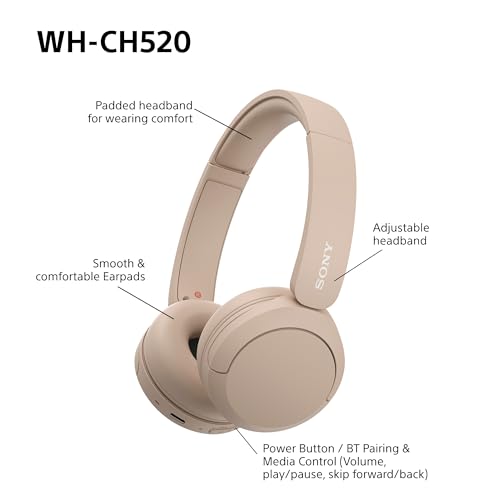 Sony WH-CH520 Wireless Bluetooth Headphones - up to 50 Hours Battery Life with Quick Charge, On-ear style - Beige