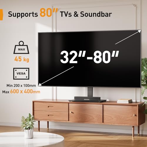 PERLEGEAR Universal TV Stand, Table Top TV Stand for 32-80 inch LCD LED TVs up to 45kg, Height Adjustable TV Stand with Tempered Glass Base & Cable Management, Swivel TV Stand Max VESA 600x400mm