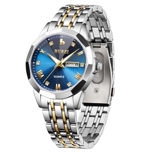 BUREI Men Watches Fashion Business Analog Quartz Stainless Steel Waterproof Watches for Men Diamond Luminous Date Dress Wrist Watch Luxury Casual Wrist Watch with Weeks,Gifts for Men(Silver Blue),
