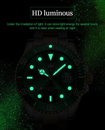 OLEVS Mens Watches, Silver Dress Gold Classic Luxury Big Large Face Waterproof Watches for Men, Analog Two Tone Stainless Steel Men Wrist Watch with Date Relojes De Hombre (Green/Blue/Black Dial