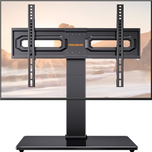 PERLEGEAR Universal TV Stand, Table Top TV Stand for 32-80 inch LCD LED TVs up to 45kg, Height Adjustable TV Stand with Tempered Glass Base & Cable Management, Swivel TV Stand Max VESA 600x400mm