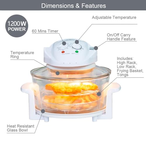 Halogen Oven, Halogen Air Fryer, Healthy Halogen For Baking, Roasting And Grilling, Cook Flavourful Food Without The Oil, 17L Cooker and Lid, Adjustable Temp and Timer