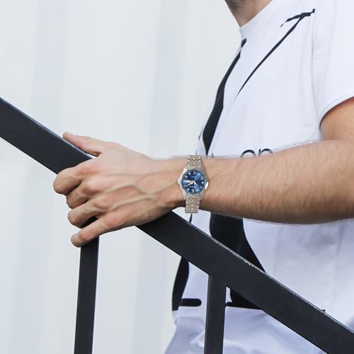 BUREI Men Watches Fashion Business Analog Quartz Stainless Steel Waterproof Watches for Men Diamond Luminous Date Dress Wrist Watch Luxury Casual Wrist Watch with Weeks,Gifts for Men(Silver Blue),