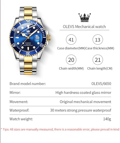 OLEVS Men's Watch Large Face Date Waterproof Mechanical Watch Stainless Steel Night Glow Luxury Fully Automatic Mechanical Watch (6650-Golden Black)
