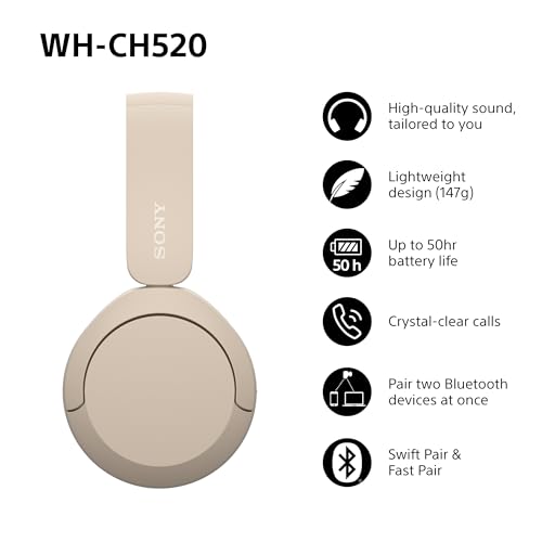 Sony WH-CH520 Wireless Bluetooth Headphones - up to 50 Hours Battery Life with Quick Charge, On-ear style - Beige