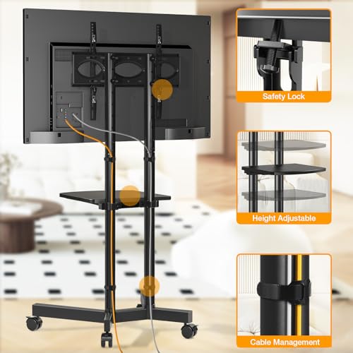 TVON Mobile TV Stand on Wheels for 32-75 Inch LCD LED Flat Panel Plasma TVs, Corner TV Floor Stand with Shelf Height Adjustable TV Trolley Max VESA 400x400mm up to 40 kg, Black