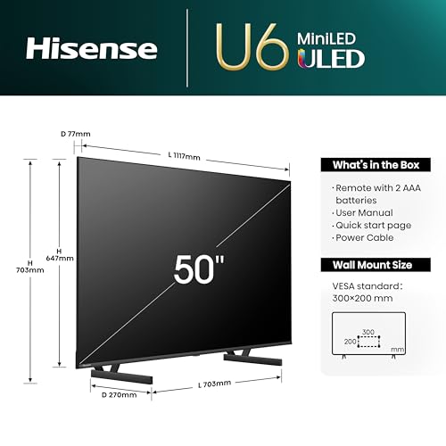Hisense 50 Inch 4K Mini-LED TV 50U6NQTUK - Quantum Dot Colour, Dolby Vision Atmos, Hi-View Engine, FilmMaker Mode, Vidaa OS with Voice Control, Freely, Youtube, Netflix and Disney+ (2024 Model)