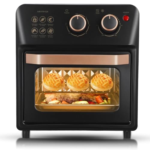 QUTBAG Air Fryer Toaster Oven, Smart Convection Oven with 70-250 ℃ Adjustable Temperature and 60 Min Timer, Knob-Controlled, for Baking Cooking Roasting Grilling black