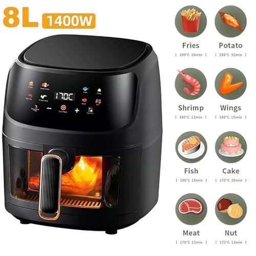 MZBDYYF Friteuse Sans Huile 8L Multifonctionnelle Air Fryer - 8 Programmes de Cuisson Préréglés, Fenêtre de Visualisation, Écran Tactile, Noir