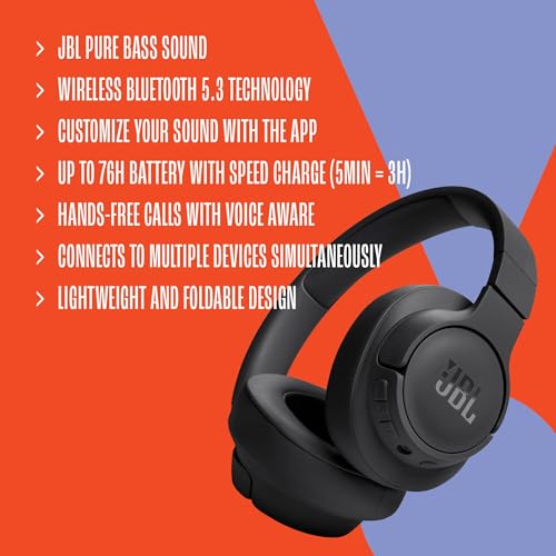 JBL Tune 720 BT Wireless Over-Ear Headphones with JBL Pure Bass Sound, Bluetooth 5.3, Hands-Free Calls, Audio Cable and 76-Hour Battery Life, Black