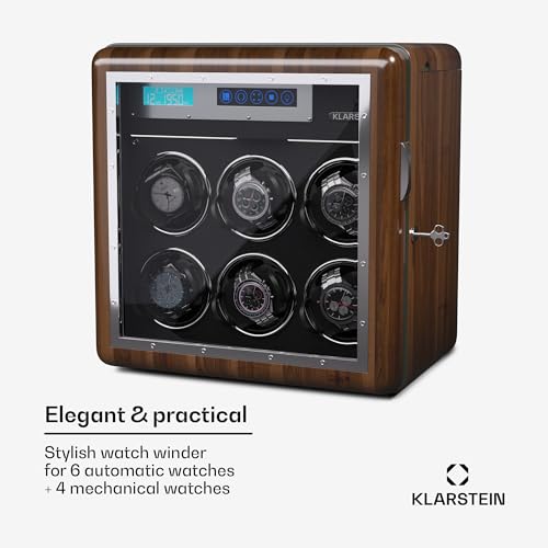 Klarstein Automatic Watch Winder for 6 Watches, Luxury Watch Storage Box, Acrylic Window Display Case, Auto Watch Winder Uk for Men & Women, Blue LED, 5 TPD Settings, Spring Tension Watch Winder Motor