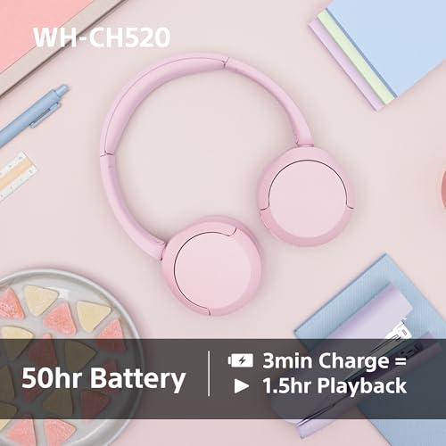 Sony WH-CH520 Wireless Bluetooth Headphones - up to 50 Hours Battery Life with Quick Charge, On-ear style - Beige