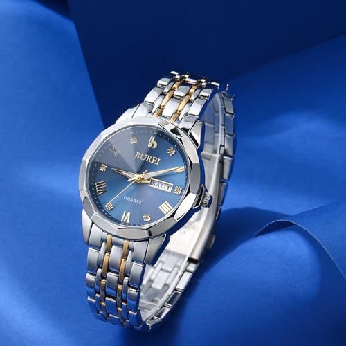 BUREI Men Watches Fashion Business Analog Quartz Stainless Steel Waterproof Watches for Men Diamond Luminous Date Dress Wrist Watch Luxury Casual Wrist Watch with Weeks,Gifts for Men(Silver Blue),