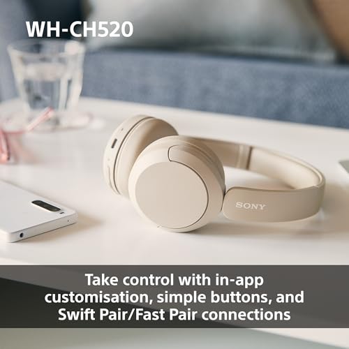 Sony WH-CH520 Wireless Bluetooth Headphones - up to 50 Hours Battery Life with Quick Charge, On-ear style - Beige