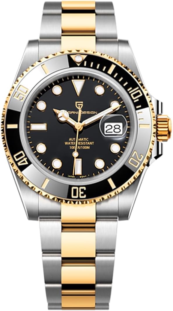 Pagani Design Men's Automatic Watch NH35 Ceramic Bezel Sapphire Glass Analogue 100 m Waterproof Men's Watch Calendar Diving Watch Stainless Steel Watch, Steel Band Gold Black, Classic
