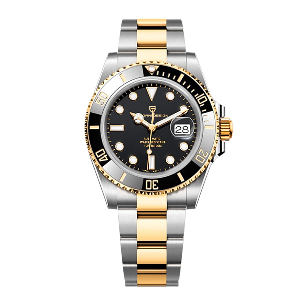 Pagani Design Men's Automatic Watch NH35 Ceramic Bezel Sapphire Glass Analogue 100 m Waterproof Men's Watch Calendar Diving Watch Stainless Steel Watch, Steel Band Gold Black, Classic