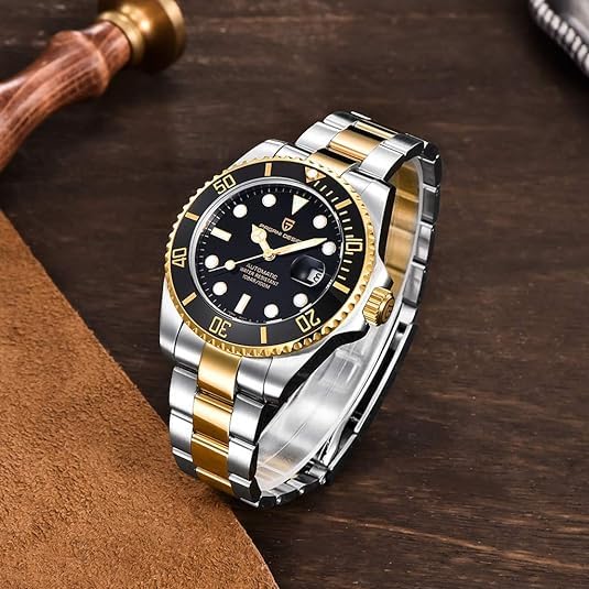 Pagani Design Men's Automatic Watch Business Waterproof Analog Automatic Watch NH35 Ceramic Movement Rotating Bezel Sapphire Crystal 100M Waterproof Stainless Steel Luxury Watches. (Gold-Black)