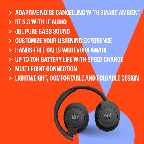 JBL Tune 770 NC Wireless Over-Ear Bluetooth Headphones with Adaptive Noise-Cancelling Technology and 70-Hour Battery Life, Black