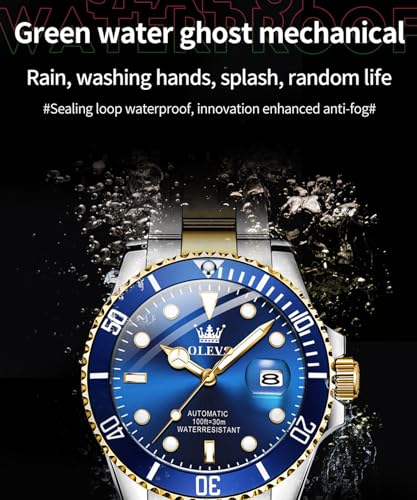 OLEVS Men's Watch Large Face Date Waterproof Mechanical Watch Stainless Steel Night Glow Luxury Fully Automatic Mechanical Watch (6650-Golden Black)