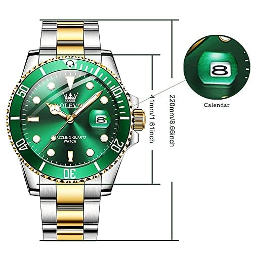 OLEVS Mens Watches, Silver Dress Gold Classic Luxury Big Large Face Waterproof Watches for Men, Analog Two Tone Stainless Steel Men Wrist Watch with Date Relojes De Hombre (Green/Blue/Black Dial