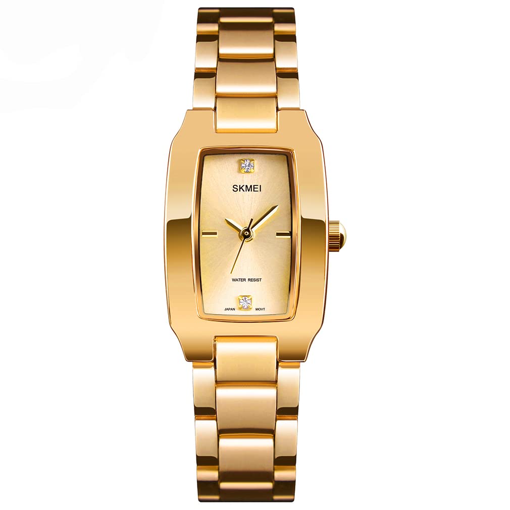 SKMEI Watches for Women Ladies Female Simple Square Stainless Luxury Fashion Small Slim Analog Quartz Waterproof Dress Casual Wife Girls Gifts Gold Wrist Watch, L1400gold, Dress