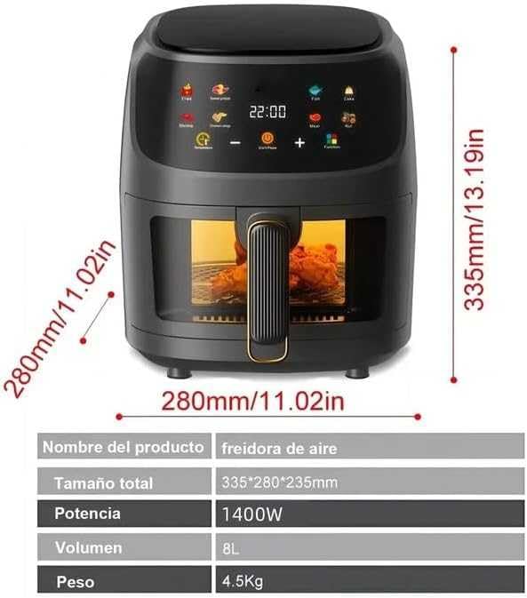 MZBDYYF Friteuse Sans Huile 8L Multifonctionnelle Air Fryer - 8 Programmes de Cuisson Préréglés, Fenêtre de Visualisation, Écran Tactile, Noir