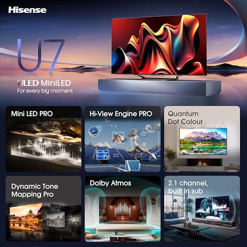 Hisense 65 Inch 144Hz Mini-LED Smart TV 65U7NQTUK - Quantum Dot Colour, Dolby Vision IQ & Atmos, iMax Enhanced, Built-in Subwoofer and Vidaa OS with Freely, Youtube, Netflix and Disney+ (2024 Model)