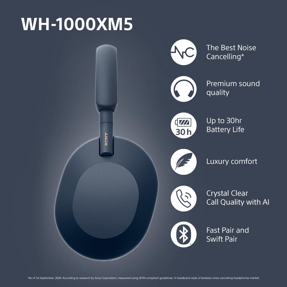 Sony WH-1000XM5 Noise Cancelling Wireless Over-Ear Headphones, Bluetooth, Clear Call Quality, Hi-Res, Up to 30hr Battery Life, Quick Charge, Alexa & Google Assistant, iOS & Android - Midnight Blue