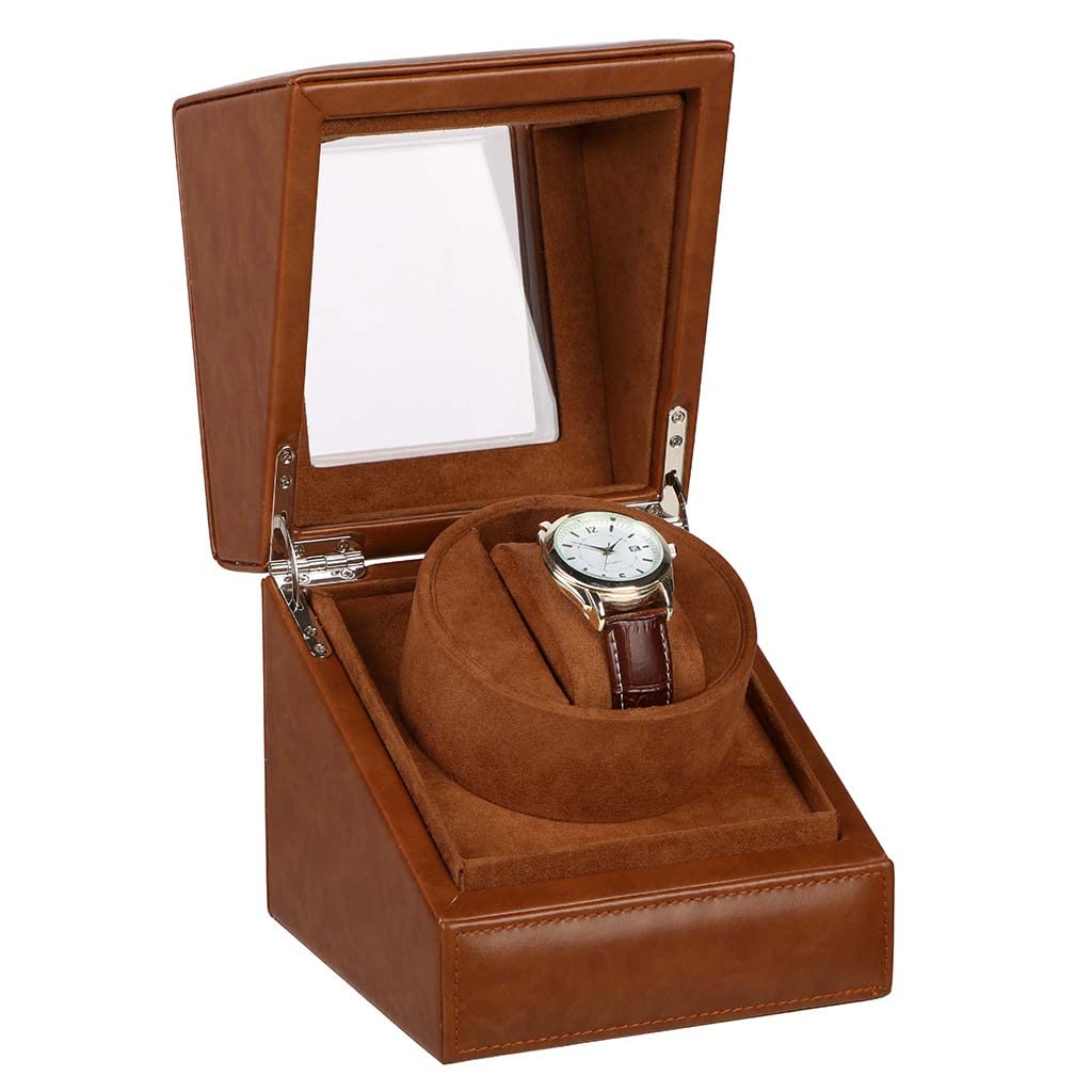 Luxury Watch Box Display Case Vegan Faux Leather-Bound Watch Roll Case Single Compartment Tabletop Watch Box with Clear Display Lid (Light Brown)