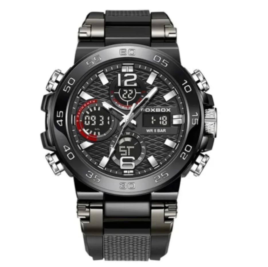 Kara Nicole Mens Diver Sports Wristwatch Digital Analog Quartz LED Waterproof Luxury Watches Duel Time Silicone Strap Stainless Steel Case Black