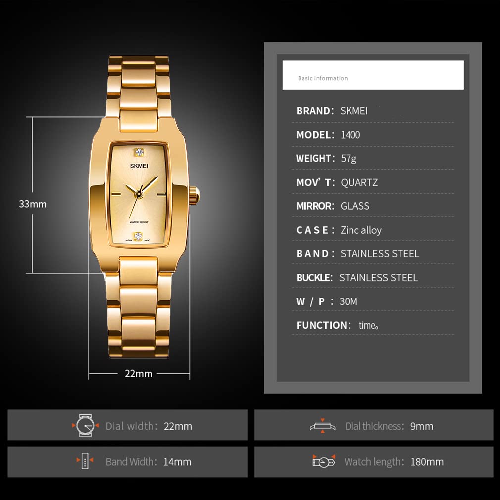 SKMEI Watches for Women Ladies Female Simple Square Stainless Luxury Fashion Small Slim Analog Quartz Waterproof Dress Casual Wife Girls Gifts Gold Wrist Watch, L1400gold, Dress