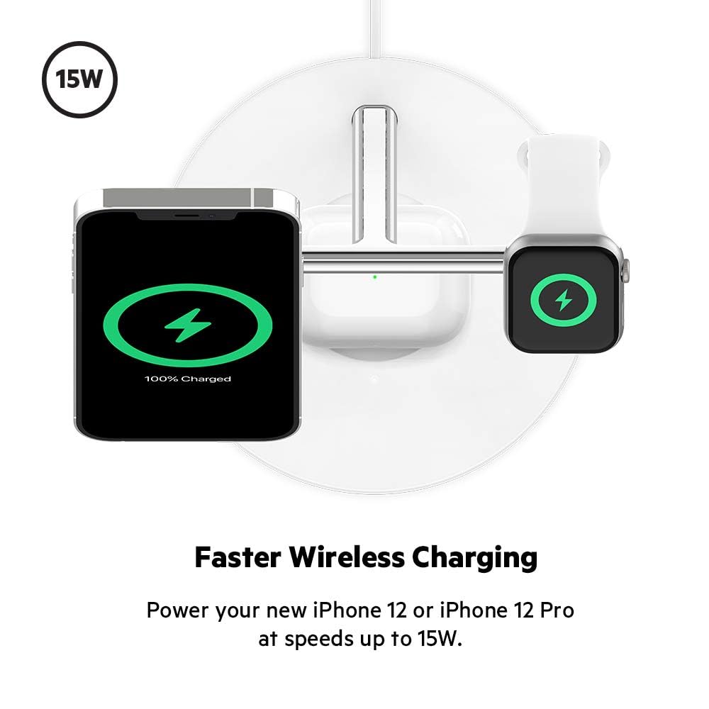 Belkin BoostCharge PRO 3-in-1 Wireless Charger with MagSafe for iPhone 16, iPhone 15, 14, 13, 12 + Apple Watch + AirPods (Magnetically Charges iPhone 16, 15, 14, 13 and 12 Models up to 15W)