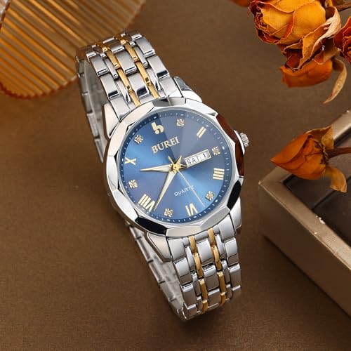 BUREI Men Watches Fashion Business Analog Quartz Stainless Steel Waterproof Watches for Men Diamond Luminous Date Dress Wrist Watch Luxury Casual Wrist Watch with Weeks,Gifts for Men(Silver Blue),