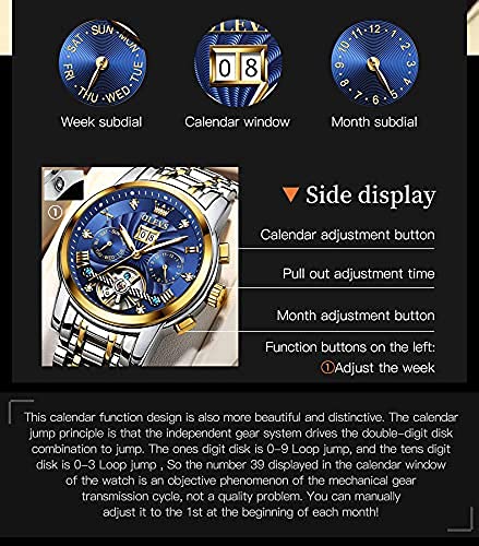 OLEVS Men Automatic Watch Skeleton 5 Hands Mechanical Blue Watch Classic Luxury Multi Calendar Stainless Steel Waterproof Wrist Watch for Men