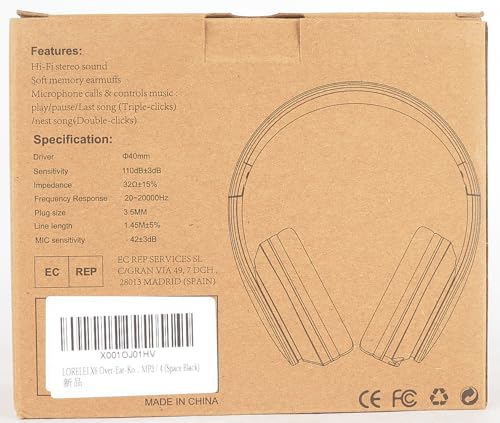 LORELEI X6 Over-Ear Headphones With Microphone, Lightweight Foldable & Portable Stereo Bass With 1.45M No-Tangle, Wired for Smartphone Tablet MP3/4 (Space Black)