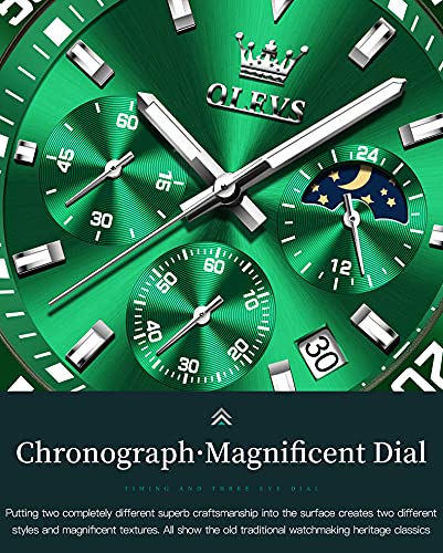 OLEVS Green Dial Watches for Men Fashion Analog Quartz Waterproof Chronograph Gold Silver Stainless Steel Watch Business Classic Luxury Big Face Luminous Multifunction Men Wristwatches (1)
