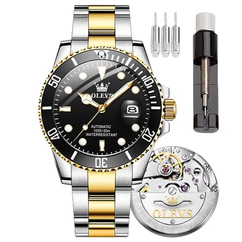 OLEVS Men's Watch Large Face Date Waterproof Mechanical Watch Stainless Steel Night Glow Luxury Fully Automatic Mechanical Watch (6650-Golden Black)