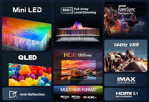 TCL 50QM8B 50-inch QLED Mini LED TV, 4K HDR Premium 1300nits, Smart TV Powered by Google TV (Dolby Vision & Atmos, Onkyo 2.0 sound system, 144Hz Motion Clarity Pro, Hands-Free Voice Control) Black