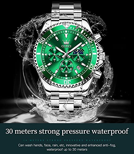 OLEVS Green Dial Watches for Men Fashion Analog Quartz Waterproof Chronograph Gold Silver Stainless Steel Watch Business Classic Luxury Big Face Luminous Multifunction Men Wristwatches (1)