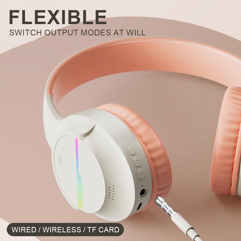 Fragolucyou Wireless Bluetooth Headphones-Colorful Lights,Large Battery Capacity,Foldable,Bluetooth 5.3,10 m Range,Stereo Surround,Built-in Microphone,Comfortable affixed Ears (pink)