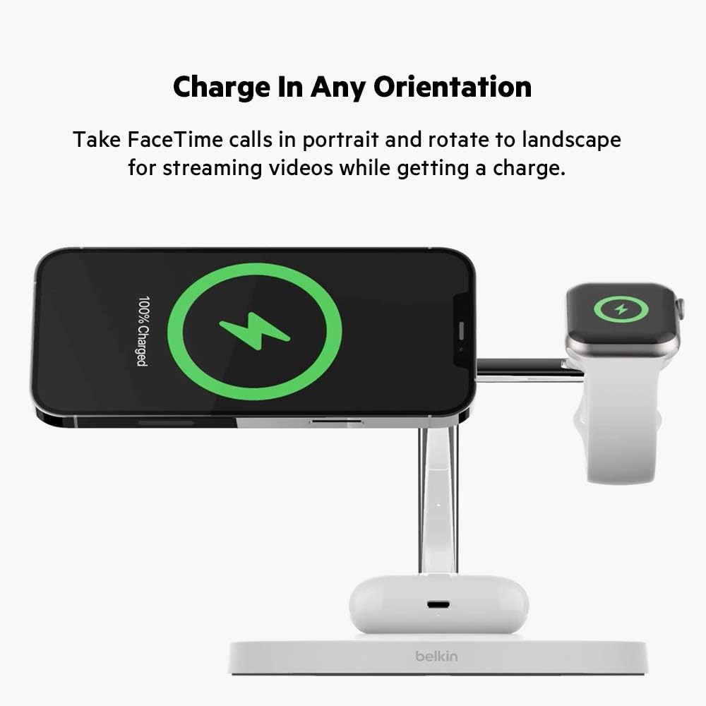 Belkin BoostCharge PRO 3-in-1 Wireless Charger with MagSafe for iPhone 16, iPhone 15, 14, 13, 12 + Apple Watch + AirPods (Magnetically Charges iPhone 16, 15, 14, 13 and 12 Models up to 15W)