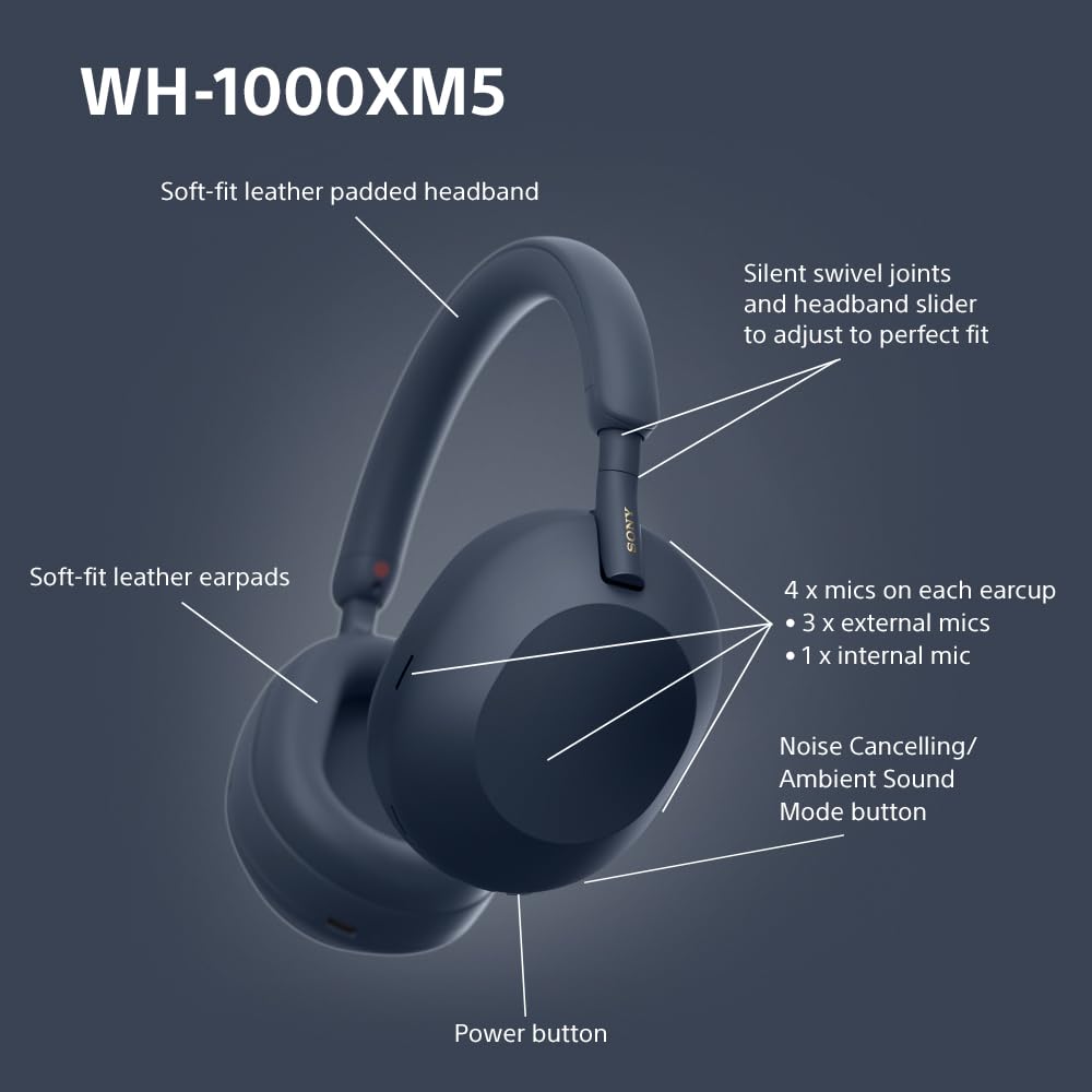 Sony WH-1000XM5 Noise Cancelling Wireless Over-Ear Headphones, Bluetooth, Clear Call Quality, Hi-Res, Up to 30hr Battery Life, Quick Charge, Alexa & Google Assistant, iOS & Android - Midnight Blue