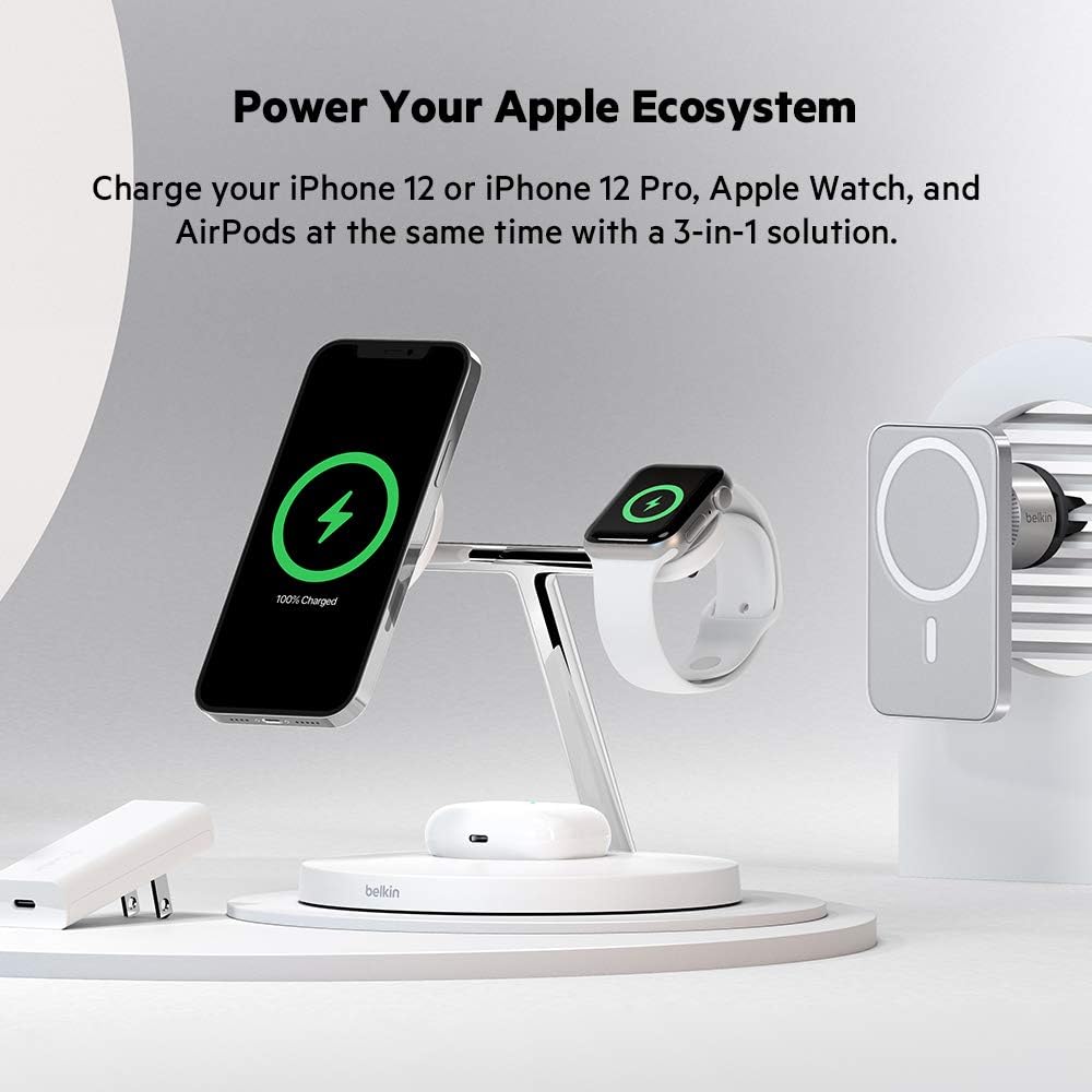 Belkin BoostCharge PRO 3-in-1 Wireless Charger with MagSafe for iPhone 16, iPhone 15, 14, 13, 12 + Apple Watch + AirPods (Magnetically Charges iPhone 16, 15, 14, 13 and 12 Models up to 15W)