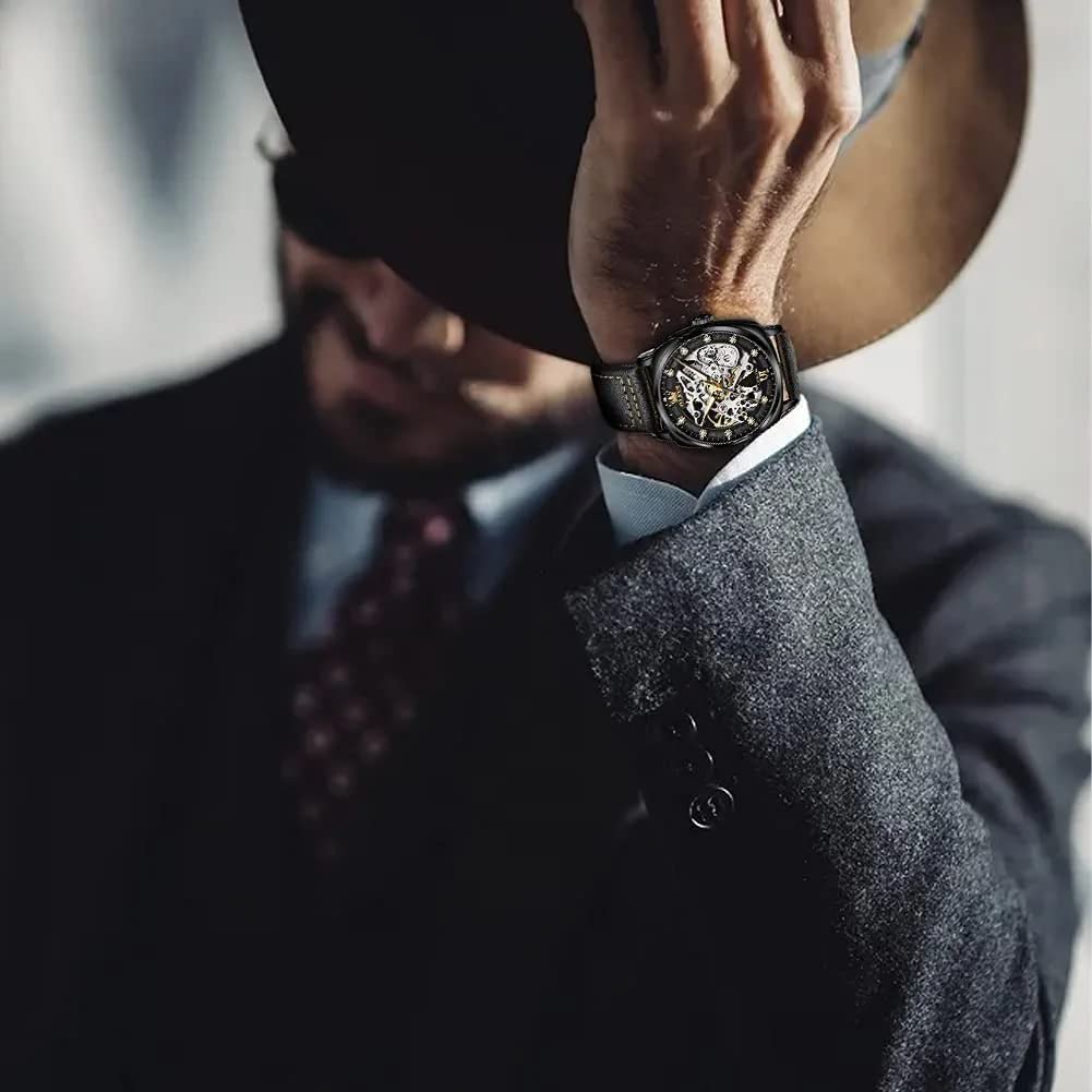 OLEVS Automatic Men Watch Designer Skeleton Self Winding Mechanical Luxury Stylish Leather Strap Luminous Water Proof Wrist Watch