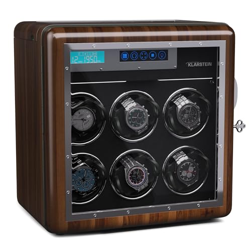 Klarstein Automatic Watch Winder for 6 Watches, Luxury Watch Storage Box, Acrylic Window Display Case, Auto Watch Winder Uk for Men & Women, Blue LED, 5 TPD Settings, Spring Tension Watch Winder Motor