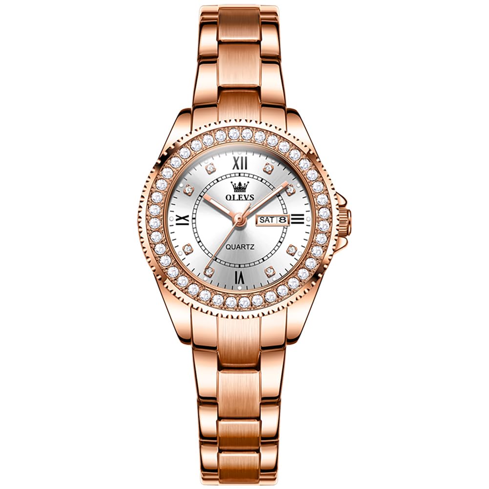 OLEVS Ladies Watch Rose Gold Stainless Steel Analogue Quartz Womens Watch White Small Face Luxury Elegant Diamond Women's Wrist Watch Roman Numerals Waterproof Luminous Womens Watch