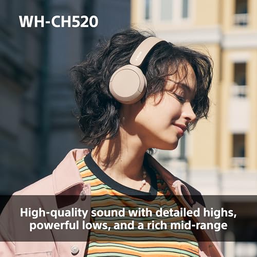Sony WH-CH520 Wireless Bluetooth Headphones - up to 50 Hours Battery Life with Quick Charge, On-ear style - Beige