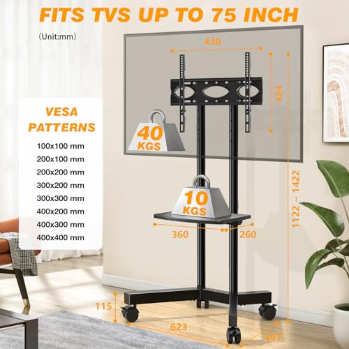 TVON Mobile TV Stand on Wheels for 32-75 Inch LCD LED Flat Panel Plasma TVs, Corner TV Floor Stand with Shelf Height Adjustable TV Trolley Max VESA 400x400mm up to 40 kg, Black