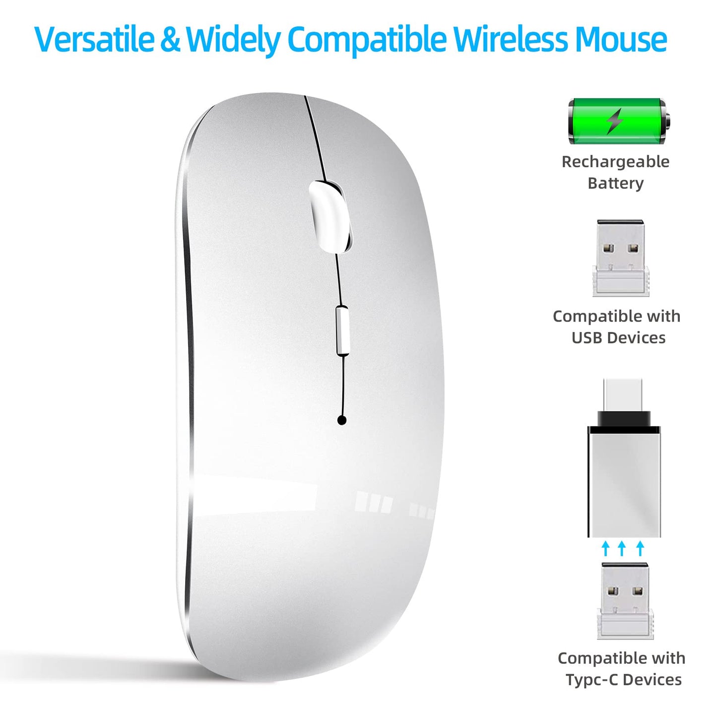 Wireless Mouse 2.4 GHz with USB Receiver for Laptop Computer Rechargeable Wireless Mouse Compatible with Apple MacBook Air/Pro, iPad, Mac, Chromebook, PC, with USB C Adapter (White Silver)